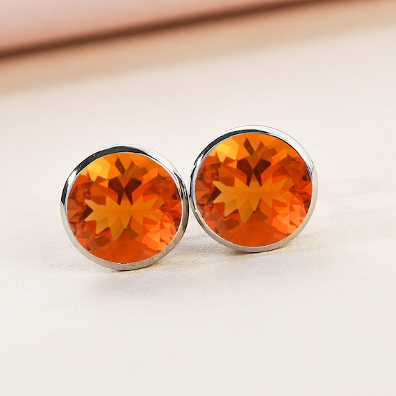 Fire Opal Stud Earrings: Round Orange Opal Earring, Bezal Earing, Bridal Jewelry, Promise Gift