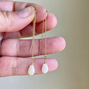 Fire Opal Threader Earrings, October Birthstone Earrings, Minimalist  Pull Through Chain Ear Threader in White Opal, Boho Jewelry Gift