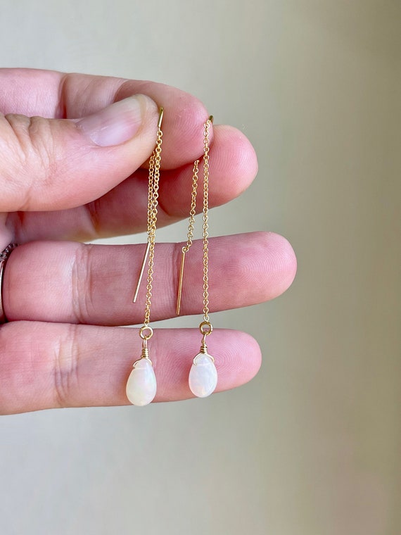 Fire Opal Threader Earrings, October Birthstone Earrings, Minimalist  Pull Through Chain Ear Threader In White Opal, Boho Jewelry Gift