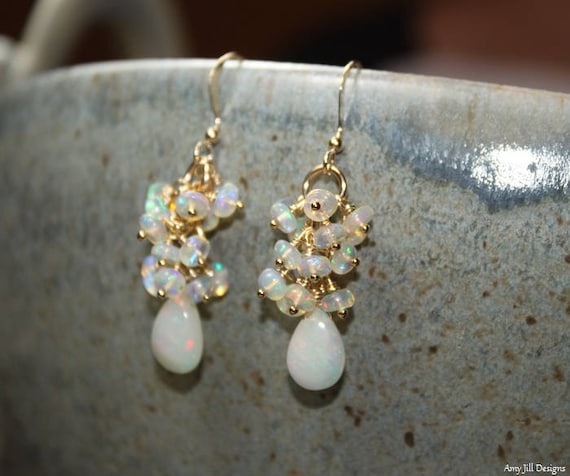 Genuine Fire Ethiopian Opal Earrings, Ethiopian Opal Jewelry, Welo Opal, Dangle Cluster Earrings, October Birthstone, Gold Or Silver