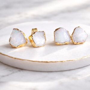 Genuine Raw Opal Studs Gold Vermeil, White Opal Earrings, October Birthstone Earrings, Natural Opal Jewelry, Dainty Gemstone Post Earrings
