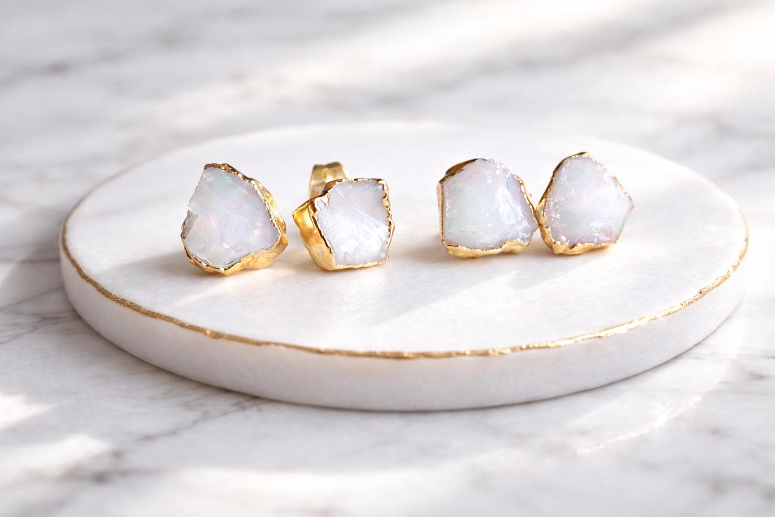 Genuine Raw Opal Studs Gold Vermeil, White Opal Earrings, October Birthstone Earrings, Natural Opal Jewelry, Dainty Gemstone Post Earrings
