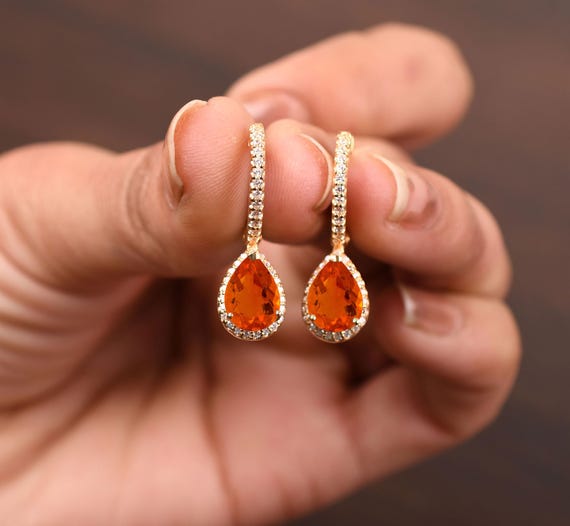 Mexican Fire Opal Leverback Earrings: Orange Pear Drop Earring Silver Dangle Earring Mexican Fire Opal Leverback Earrings: Orange Pear Drop Earring Silver Dangle Earring