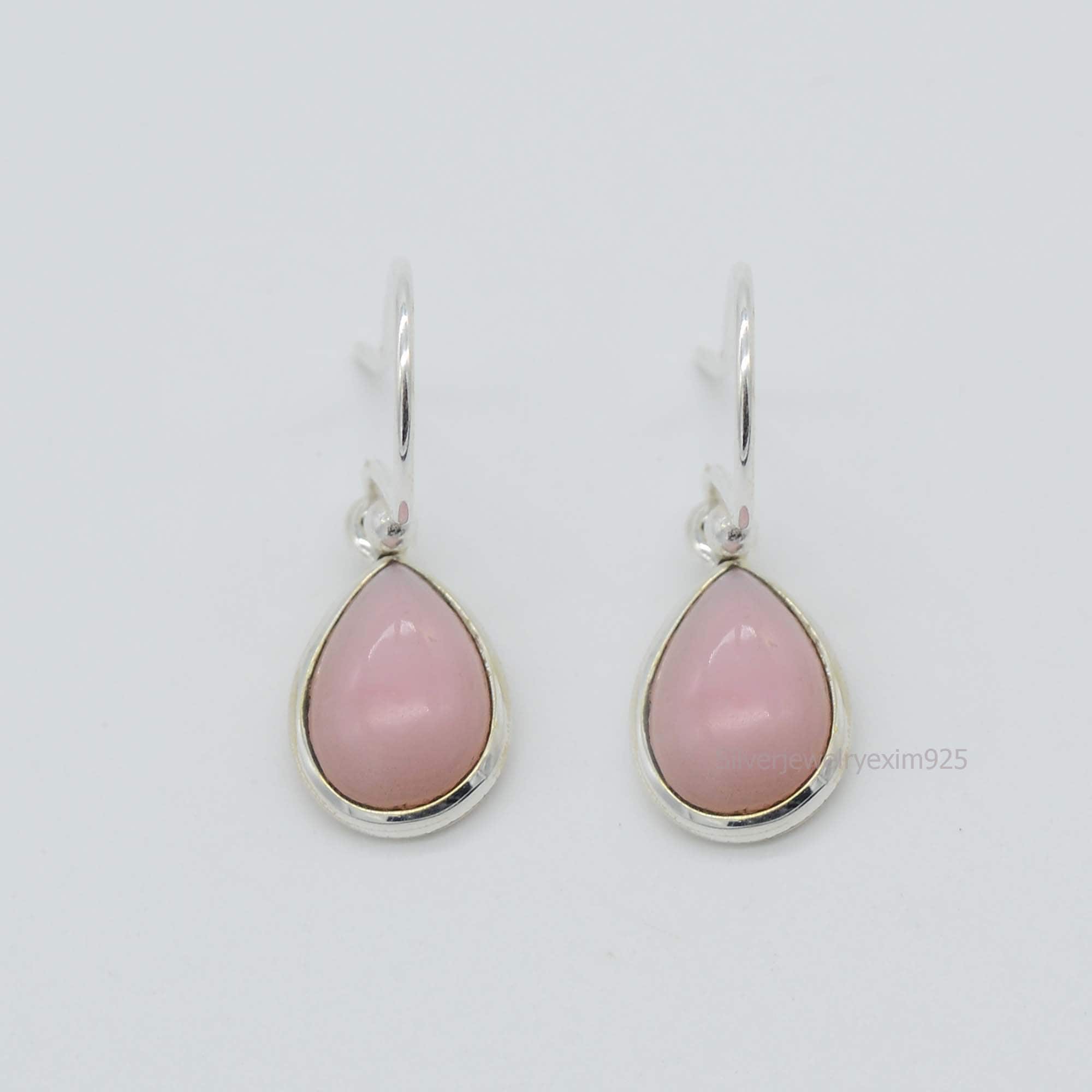 Natural Pink Opal Earrings: 925 Sterling Silver Pear Drop