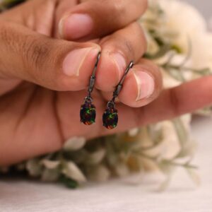 Oval Black Opal LeverBack Earrings – Black Rhodium Silver, 14K Gold Bridal Jewelry