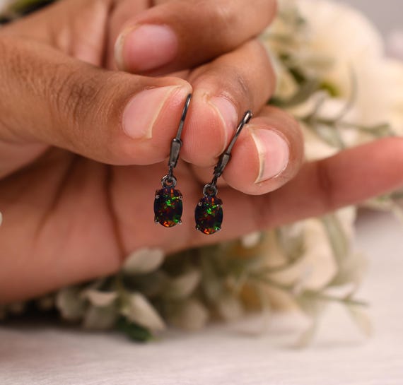 Oval Black Opal Leverback Earrings – Black Rhodium Silver, 14k Gold Bridal Jewelry