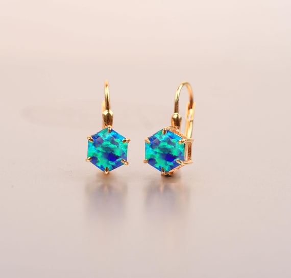 Peacock Opal Earrings - 14k Gold Hexagon Leverback, Anniversary Gift Peacock Opal Earrings - 14k Gold Hexagon Leverback, Anniversary Gift