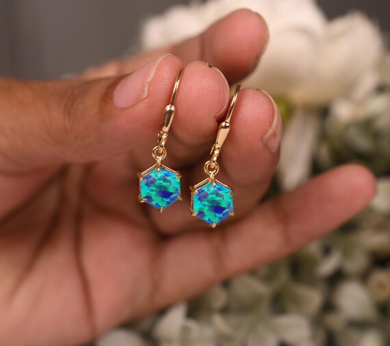 Peacock Opal Leverback Earrings – Hexagon Earrings, Birthtone Earring, Women Earing