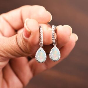 Pear Opal Dangle Earrings, Birthstone earring, Silver Bridal Jewelry