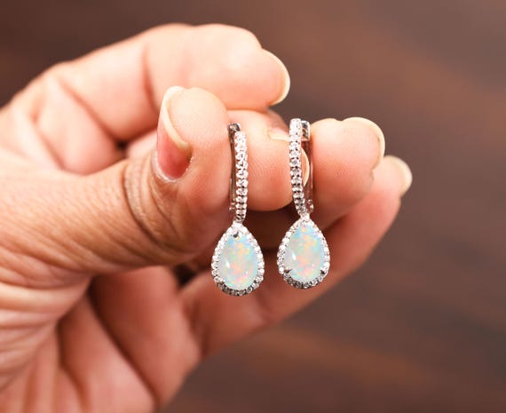 Pear Opal Dangle Earrings, Birthstone Earring, Silver Bridal Jewelry