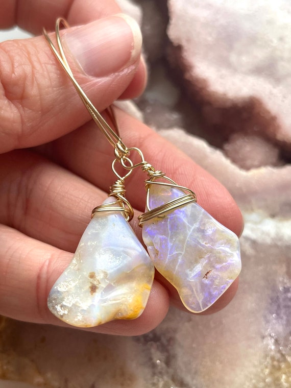 Raw Australian Opal Earrings: 14k Gold Fill Dangle Boho Jewelry