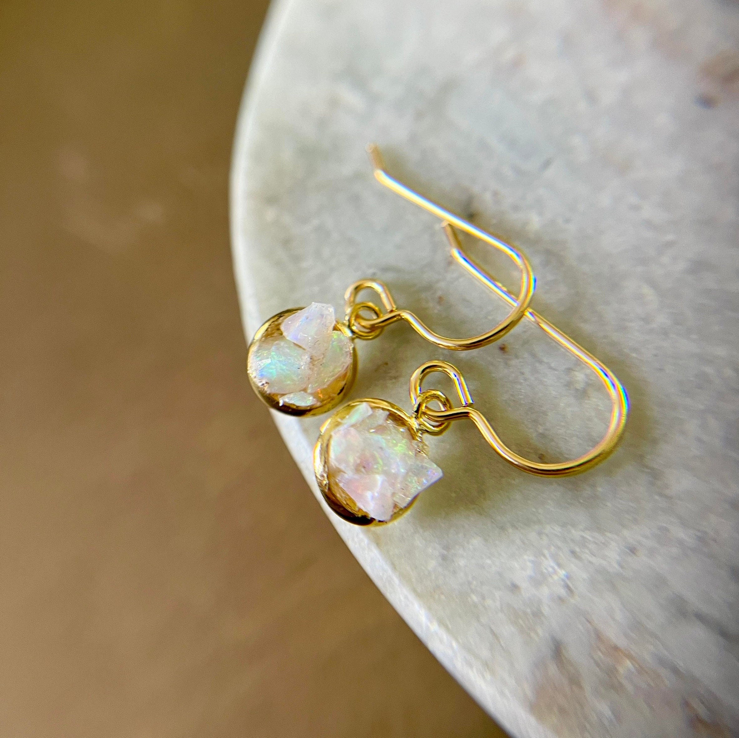 Raw Opal Dangle Earrings • 18k Gold Plated, October Birthstone | Natural Birthstone Jewelry