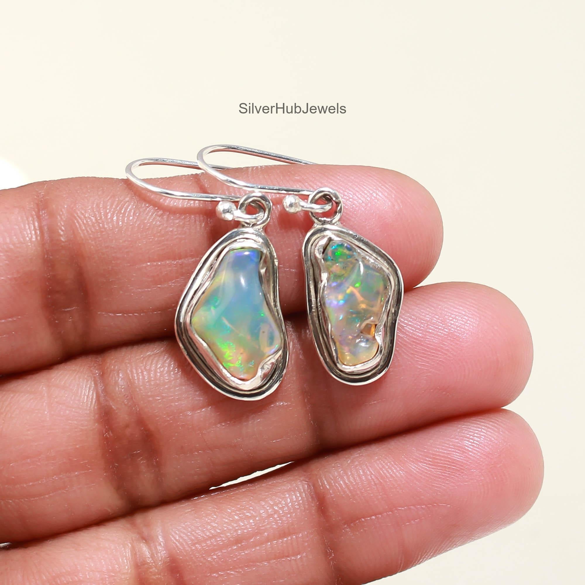 Raw Ethiopian Opal Earrings, 925 Sterling Silver Earrings, Boho Earrings, Dangle Drop Earrings, Gift For Her,  Handmade Earrings