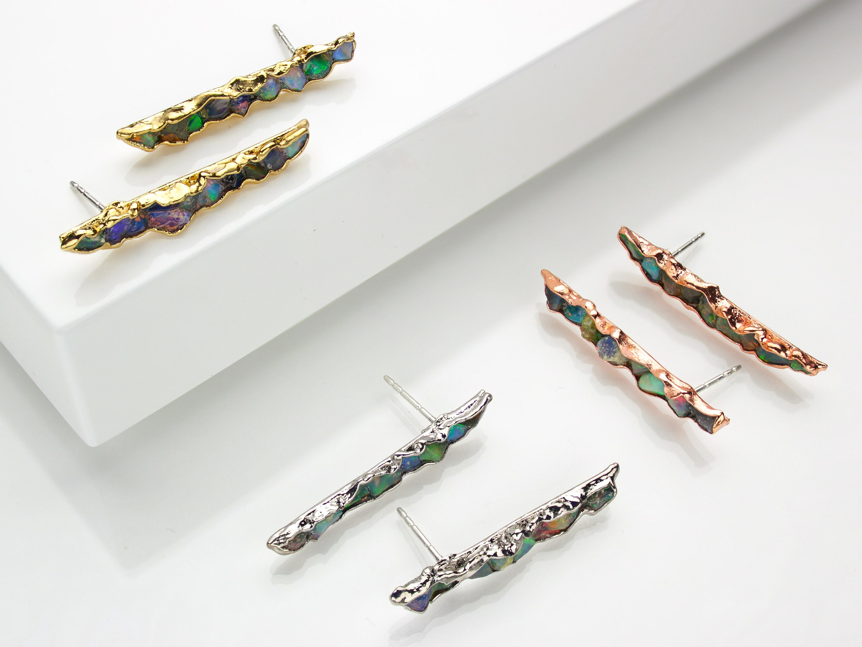 Raw Opal Stick Earrings: Electroformed Copper, Sterling Silver Posts