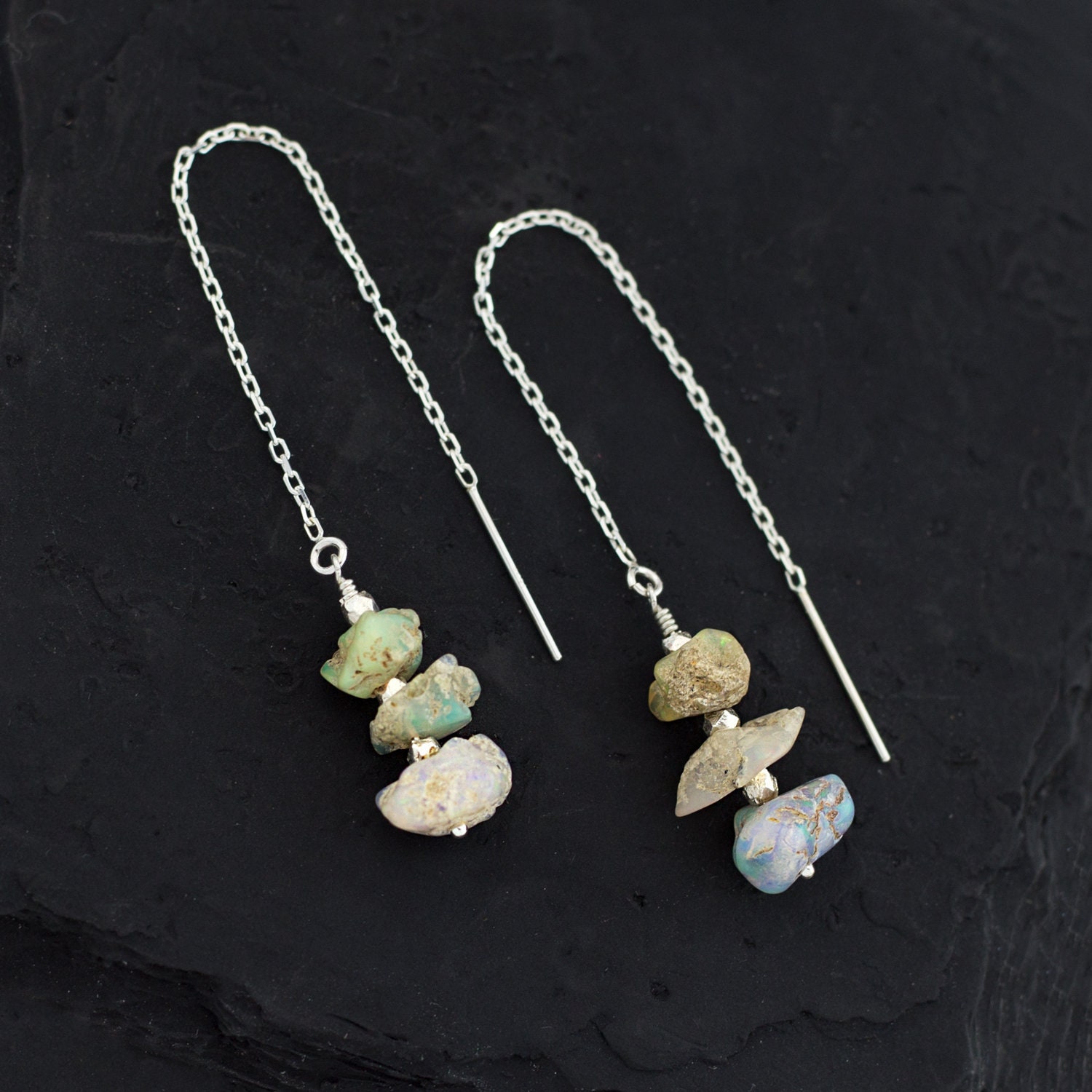Raw Opal Threader Earrings, Opal Silver Earrings, October Birthstone, Bohemian Jewelry, Rough Cut Gemstone, Thread Through Earrings, Th-rs