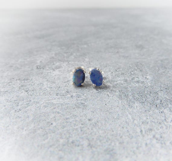 Opal Earrings Sterling Silver • Genuine Australian Opal Studs • Opal Doublet • October Birthstone Jewelry • Iridescent Opal • Holiday Gift