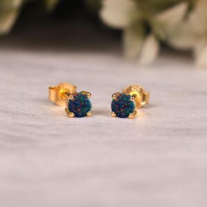 Vintage Black Opal Stud Earrings 14k Gold & silver, Round 6MM earring, Gifts for her Vintage Black Opal Stud Earrings 14k Gold & silver, Round 6MM earring, Gifts for her