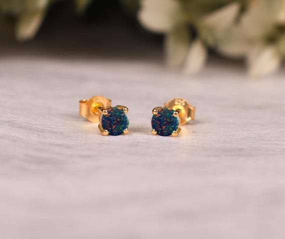 Vintage Black Opal Stud Earrings 14k Gold & Silver, Round 6mm Earring, Gifts For Her