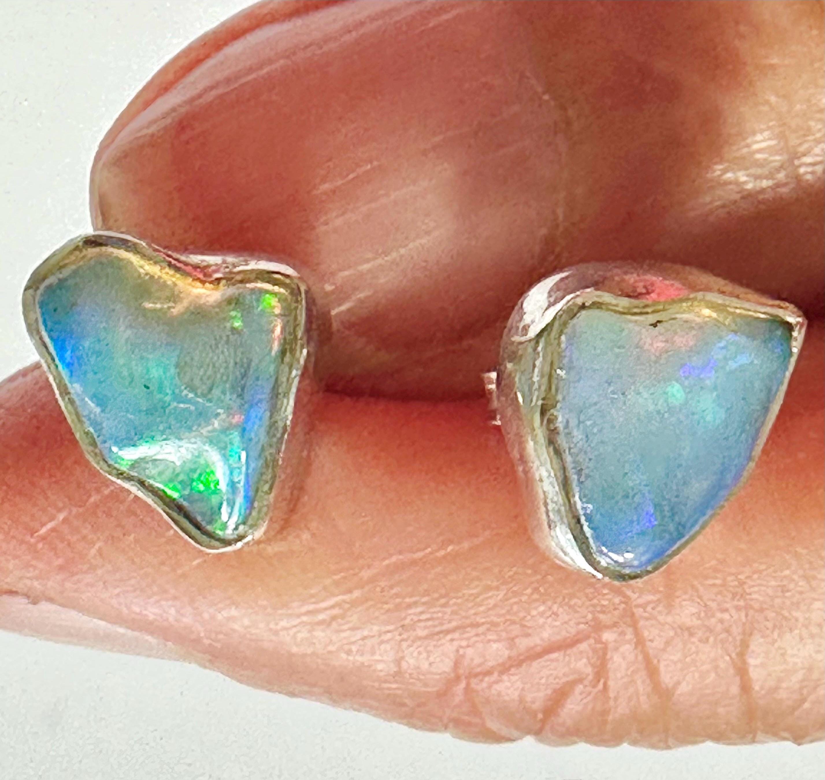 Vintage Opal Stud Earrings: Raw Nugget Hearts, Sterling Silver Posts Vintage Opal Stud Earrings: Raw Nugget Hearts, Sterling Silver Posts
