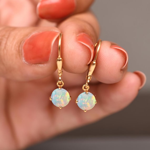White Opal Leverback Earrings – 14k Gold Dangle Earrings