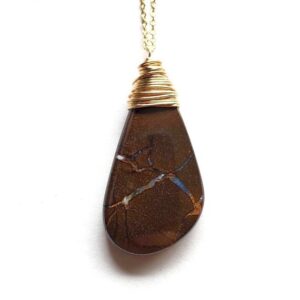 Boulder Opal Gemstone Necklace, Brown and Gold Gem Statement Necklace Handmade in Seattle, Ready to Ship Gift for Her, October Birthstone
