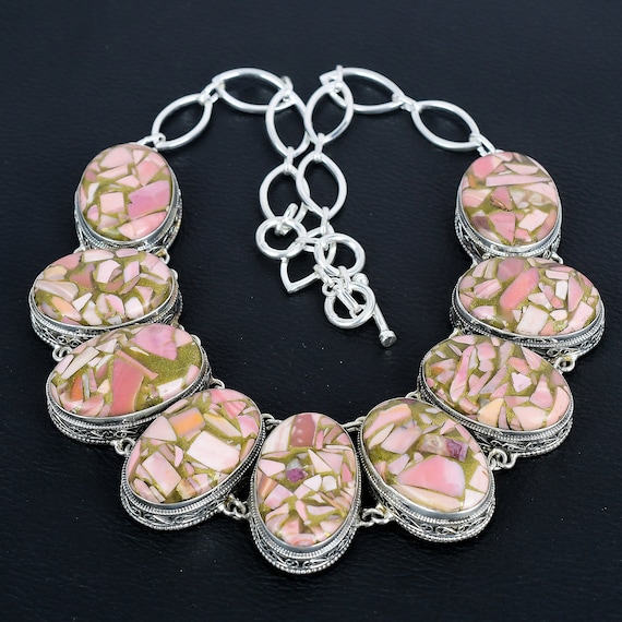 Copper Pink Opal Necklace: Vintage 925 Sterling Silver, Handmade