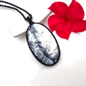 Dendrite Opal gemstone necklace, moss opal, oval gemstone, macrame necklace, macrame jewelry, black and white, mothers day gift ideas