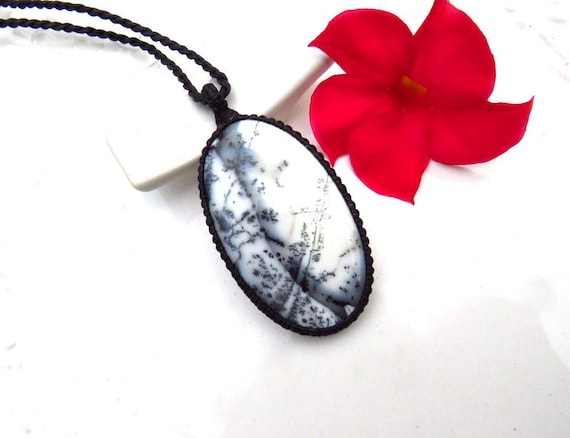 Dendrite Opal Gemstone Necklace, Moss Opal, Oval Gemstone, Macrame Necklace, Macrame Jewelry, Black And White, Mothers Day Gift Ideas