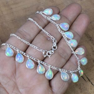 Ethiopian Opal Necklace: Pear Stone, Sterling Silver, October Birthstone