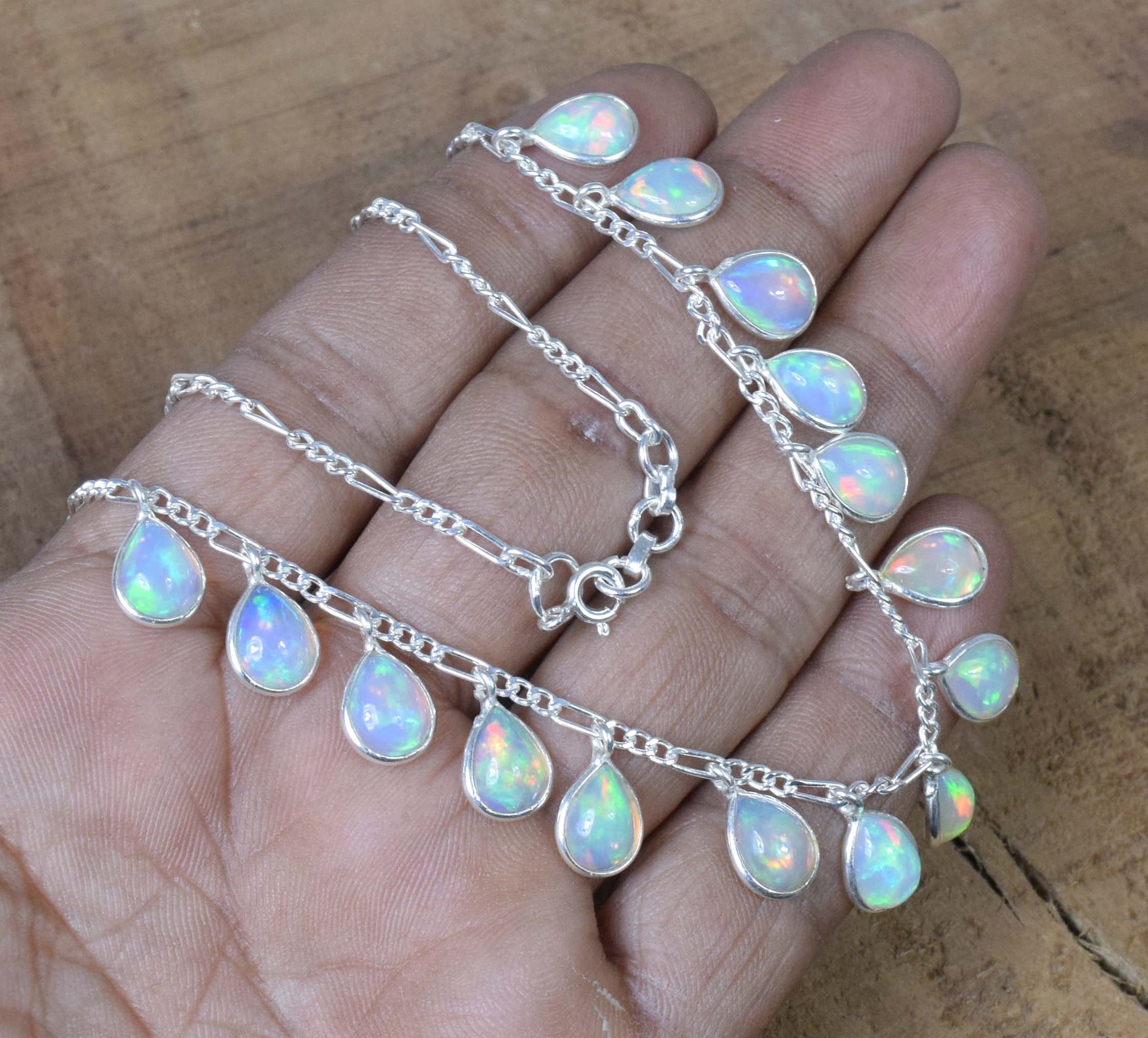 Ethiopian Opal Necklace: Pear Stone, Sterling Silver, October Birthstone