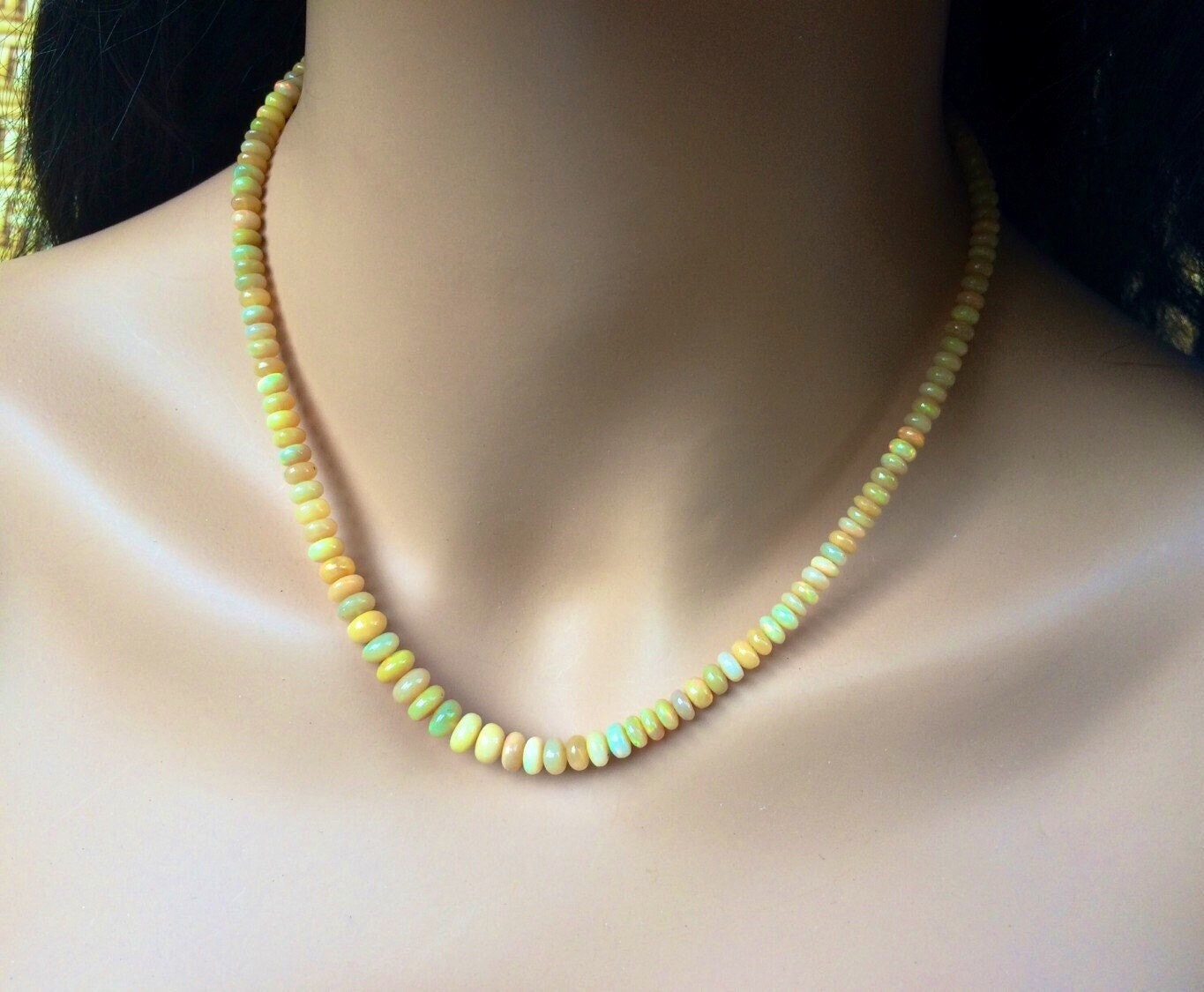 Ethiopian Welo Fire Opal Necklace – 14k Gold-filled, Beige Caramel Natural Stones, Beaded Jewelry