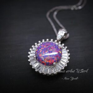 Fire Purple Opal Necklace - Gemstone Sun Style Full Sterling Silver #677