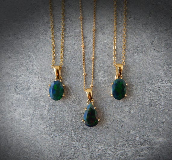 Genuine Ethiopian Black Opal Necklace Gold • Natural Ethiopian Opal Jewelry • October Birthstone Jewelry • Gold Gemstone Jewelry • Welo Opal