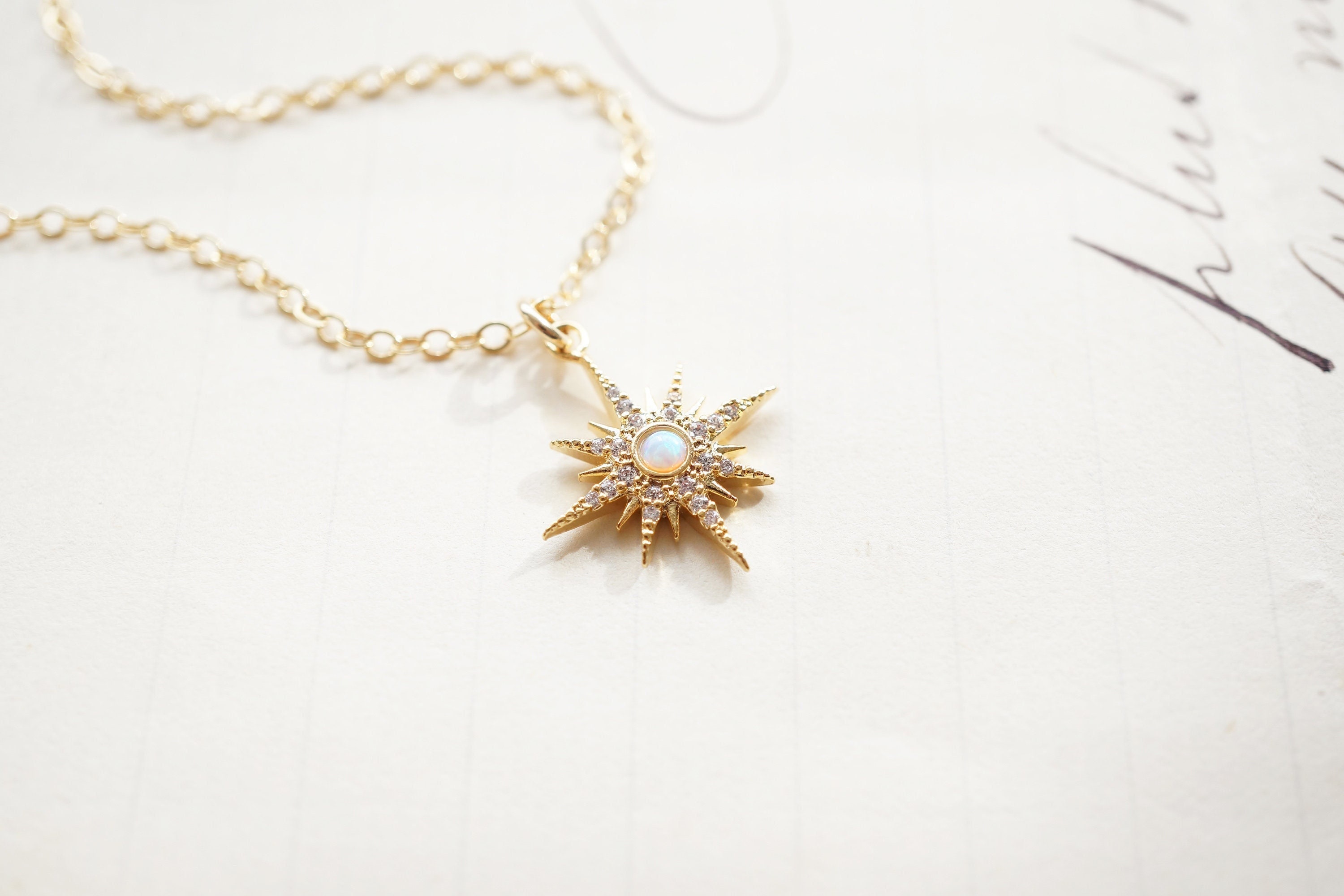 Gold, Crystal, Opal Starburst Necklace