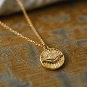 Gold Evil Eye Necklace – Sunburst Opal Medallion Charm, Dainty October Birthstone Gift For Her, Celestial Protection Jewelry, gold Fill Chain