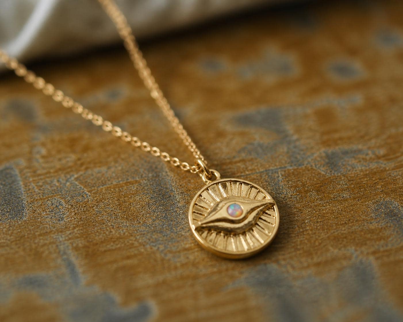 Gold Evil Eye Necklace – Sunburst Opal Medallion Charm, Dainty October Birthstone Gift For Her, Celestial Protection Jewelry, Gold Fill Chain