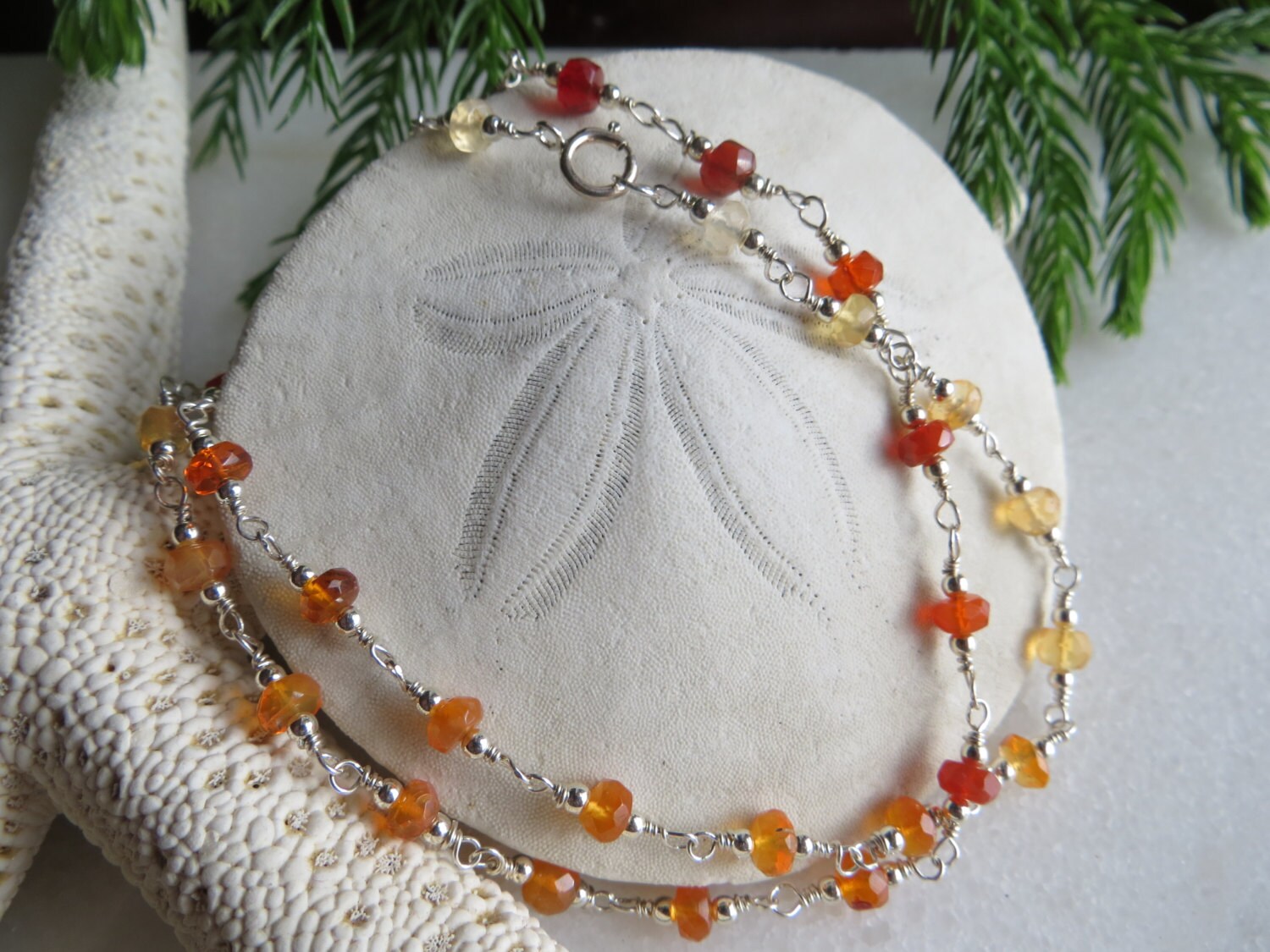 Hand Crafted Sterling Silver Fire Opal Rosary Necklace
