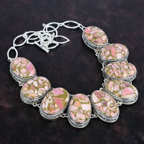 Handmade Copper Pink Opal Necklace: 925 Sterling Silver, Adjustable Chain