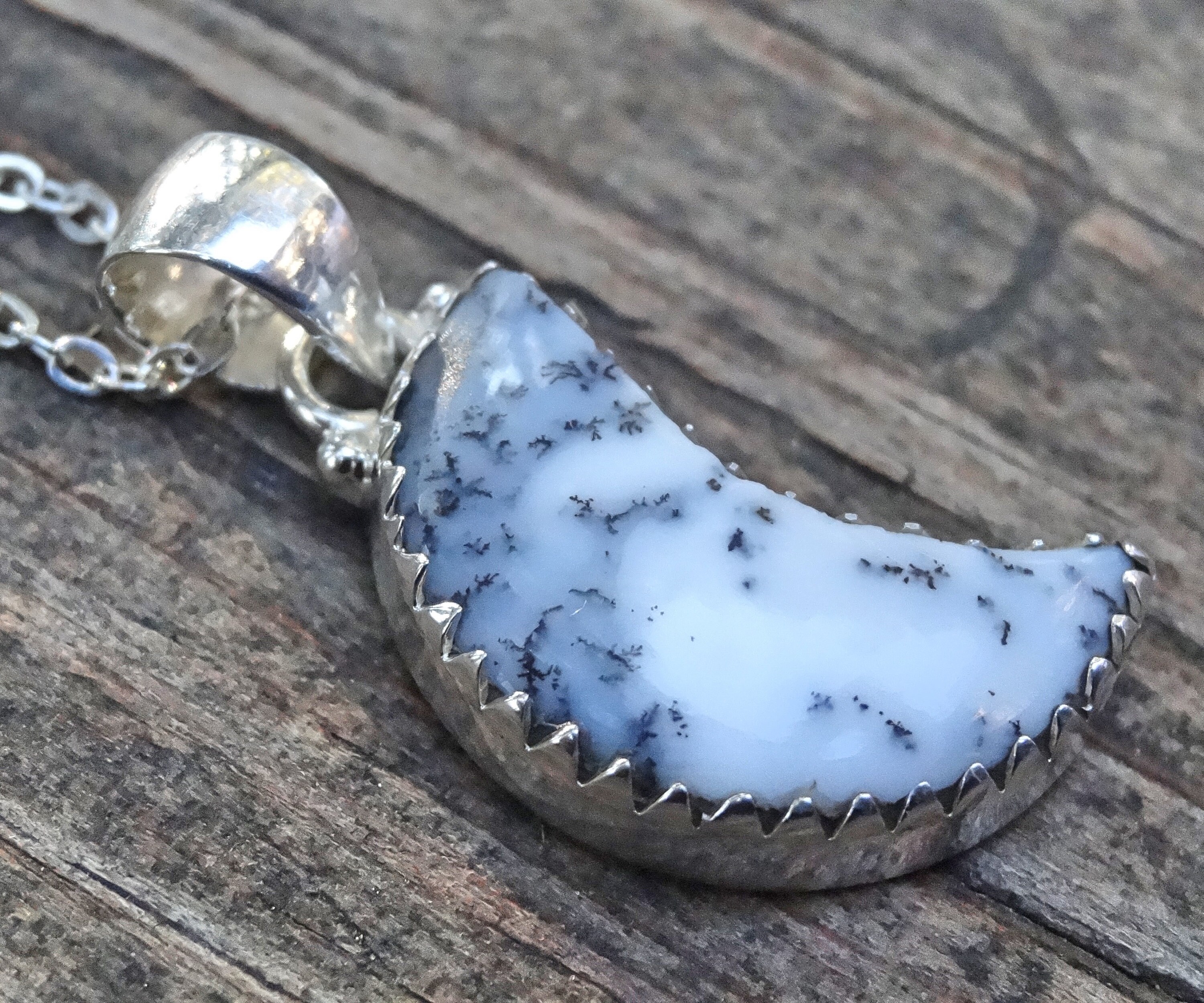 Handmade Sterling Silver Dendrite Opal Moon Necklace