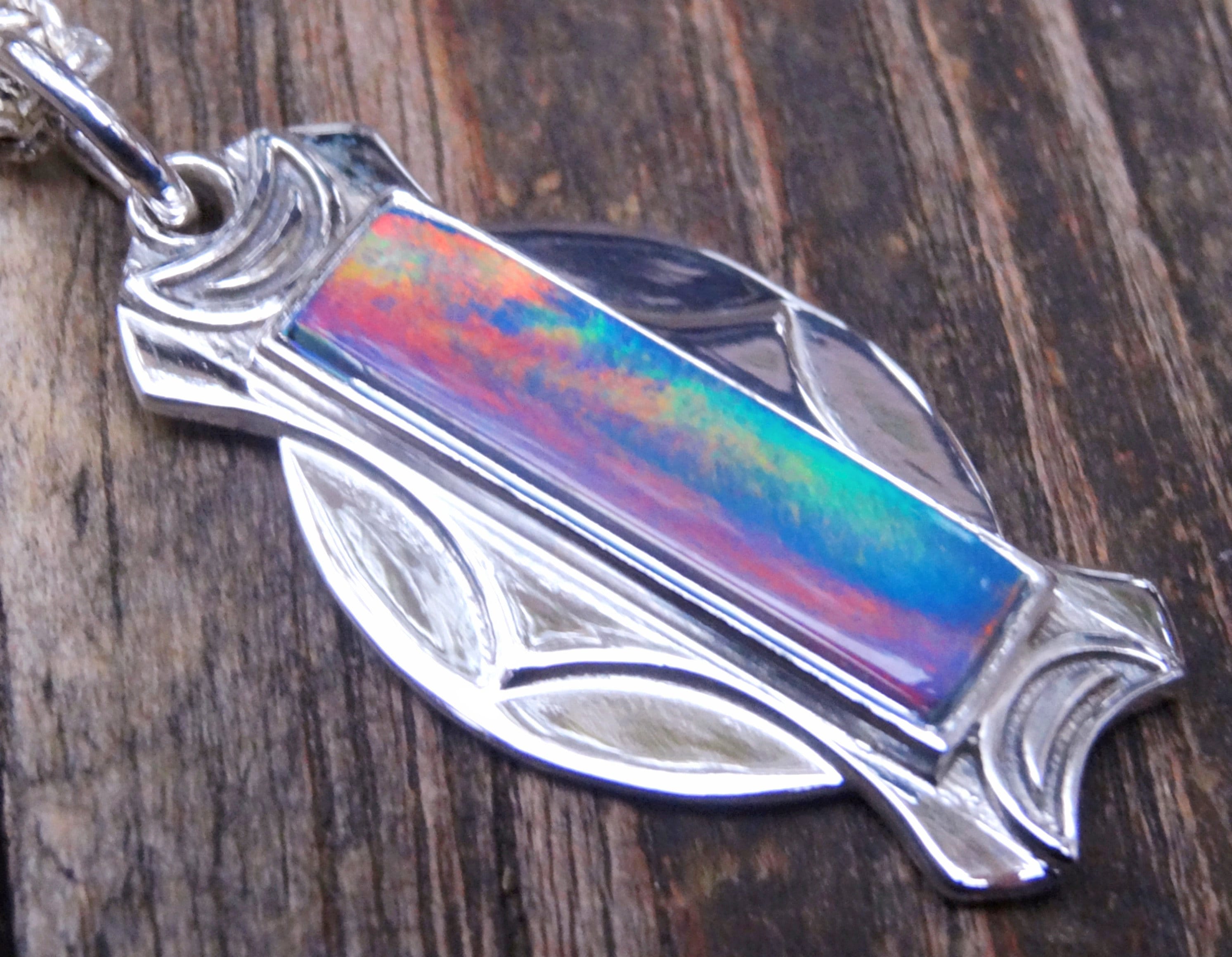 Handmade Sterling Silver Aurora Opal Crescent Moon Necklace