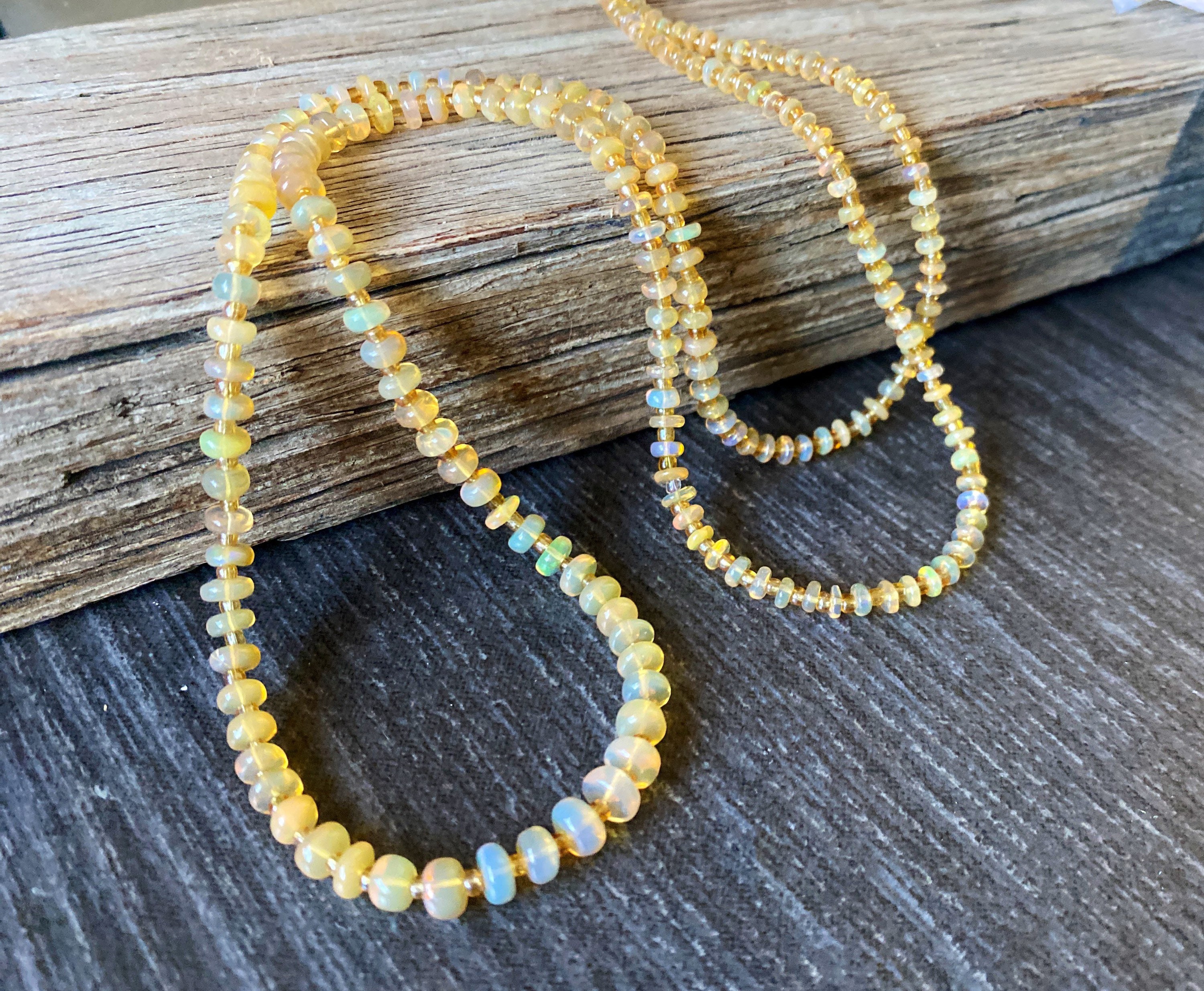 Long Welo Fire Opal 14k Gold Necklace: Caramel Gemstone, 36 Inch