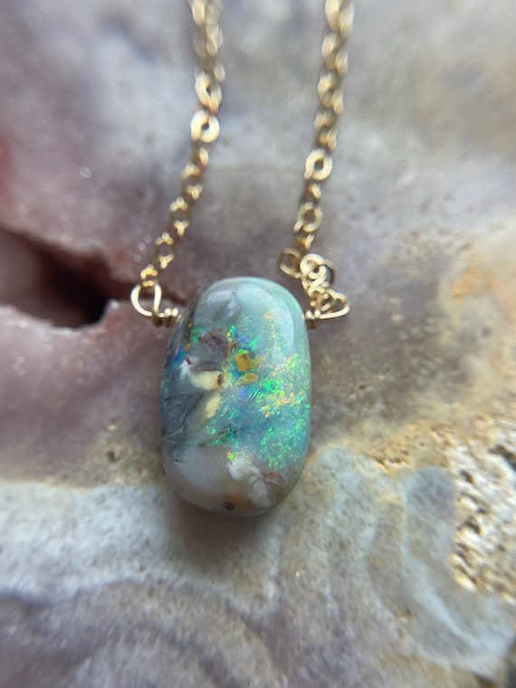 Raw Australian Opal Necklace: 14k Gold Filled Chain, October Birthstone Raw Australian Opal Necklace: 14k Gold Filled Chain, October Birthstone