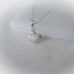 Sterling Silver White Opal Necklace • October Birthstone Jewelry • Oval Opal Necklace • Flashy Fire Opal • Birthday Gift For Her