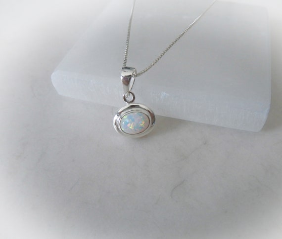 Sterling Silver White Opal Necklace • October Birthstone Jewelry • Oval Opal Necklace • Flashy Fire Opal • Birthday Gift For Her