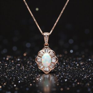 Opal Necklace - Tiny White Opal Rose Gold 18kgp @ Sterling Silver - Small Gemstone Flower Style Opal Jewelry #308