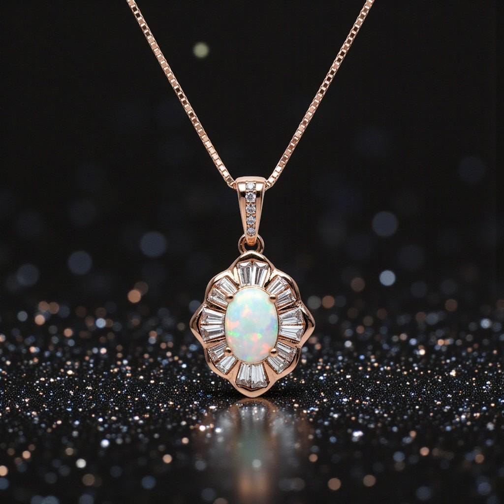 Opal Necklace - Tiny White Opal Rose Gold 18kgp @ Sterling Silver - Small Gemstone Flower Style Opal Jewelry #308