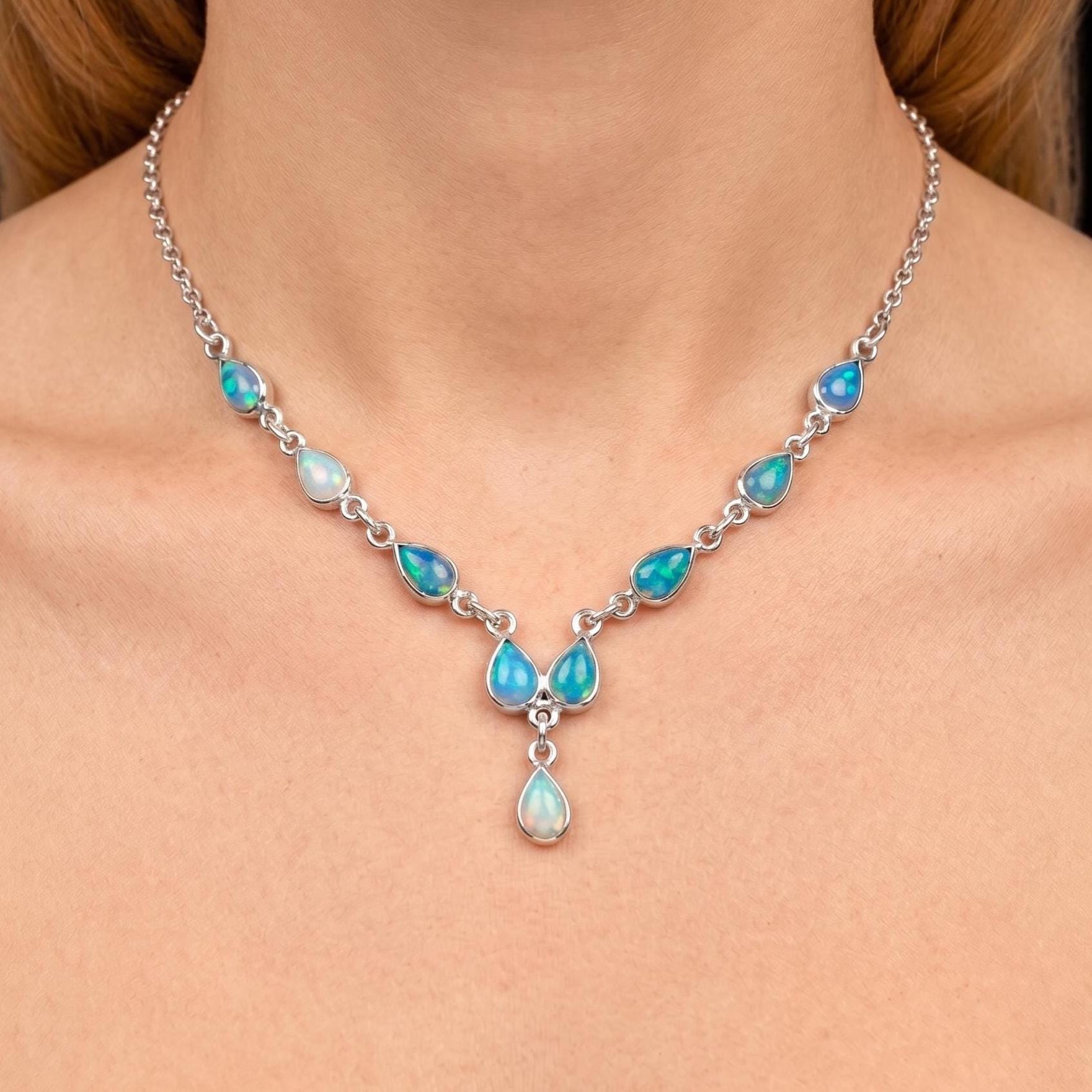 Welo Ethiopian Opal 925 Sterling Silver Necklace, Teardrop Fire Opal Choker, Cabochon Pear Cut Drop Necklace