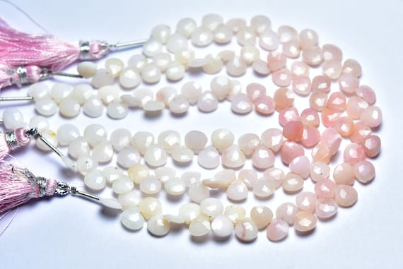 Peru Pink Opal Heart Beads - 7 Inches - Beautiful Natural Faceted Peruvian Pink Opal Briolette - Size Is 6 - 6.5 Mm #2570