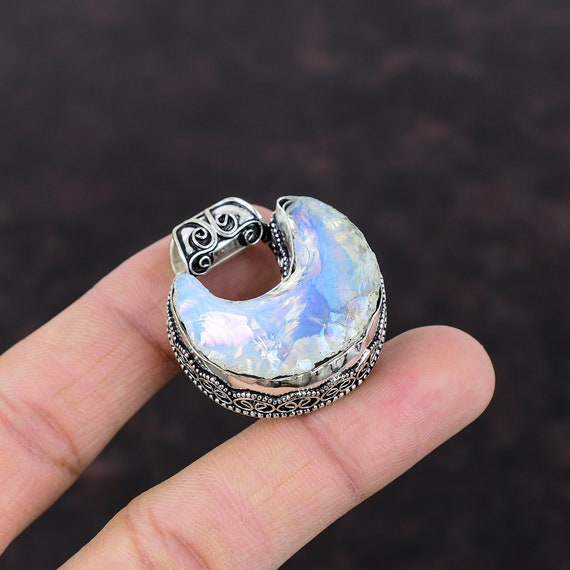 Crescent Moon Milky Opal Pendant: 925 Sterling Silver Handmade Jewelry