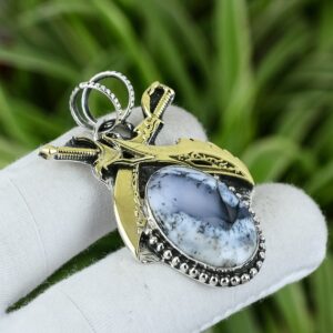 Dendrite Opal Sword Pendant: Handmade 925 Sterling Silver, 18k Gold Plated